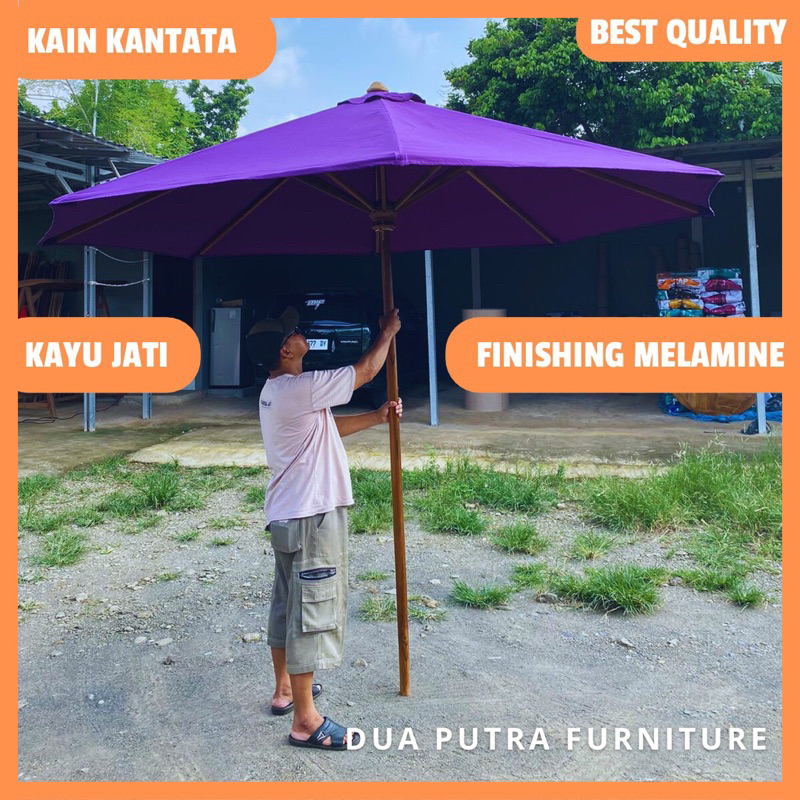 rangka payung kayu jati kain kantata, payung cafe outdoor, payung taman, tenda payung pantai,payung 
