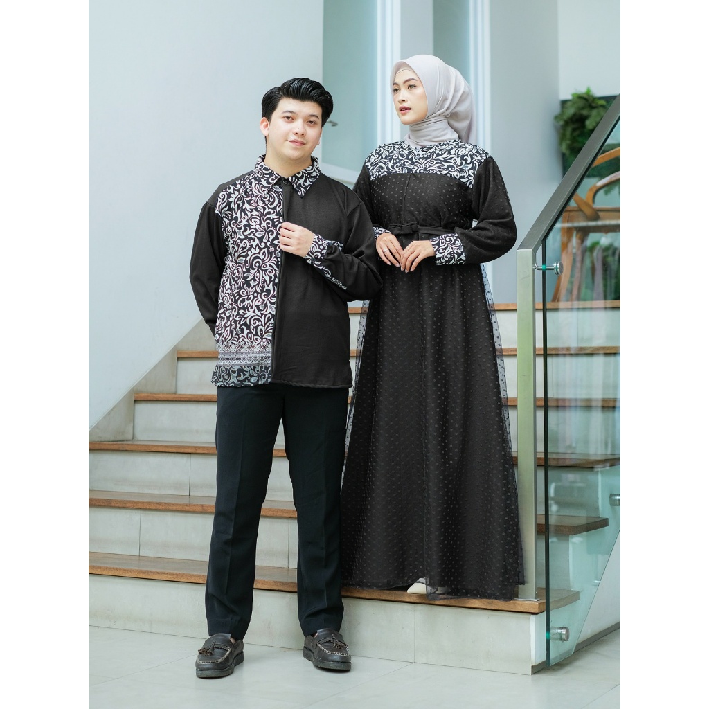 Baju couple pasangan lebaran Busui motif batik keluarga dan kemeja pria lengan panjang faizal Gamis Kombinasi Muslim Tile Sarimbit Faizal