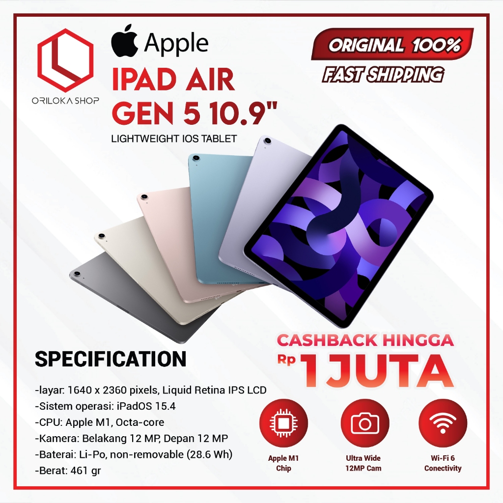 Apple®  iPad Air (Gen 5) 10,9 inci 256GB 64GB Garansi Resmi