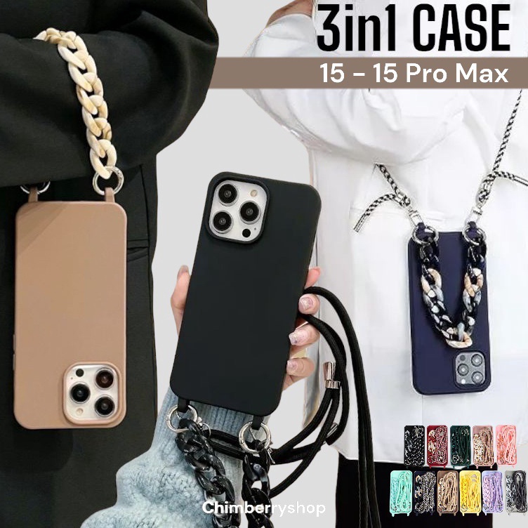 Kirim langsung  READY  3in1 Sling Chain Casing Iphone 15 15 Plus 15 Pro Max 14 14 Plus Lanyard Case 