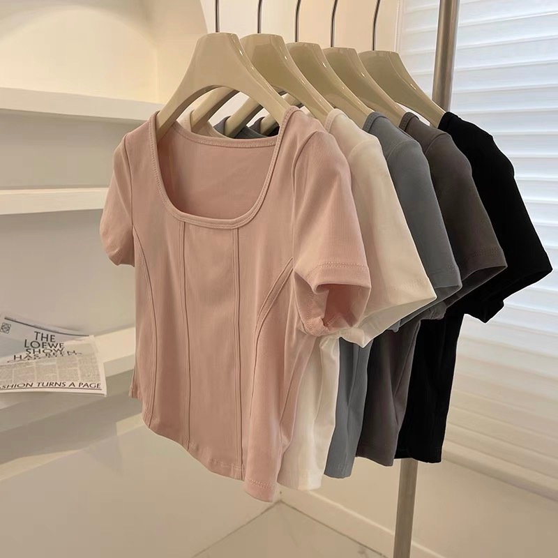XiaoZhaiNv Korean Casual kaos crop wanita Baju Atasan Wanita baju kaos ketat wanita Crop Tee Lengan 