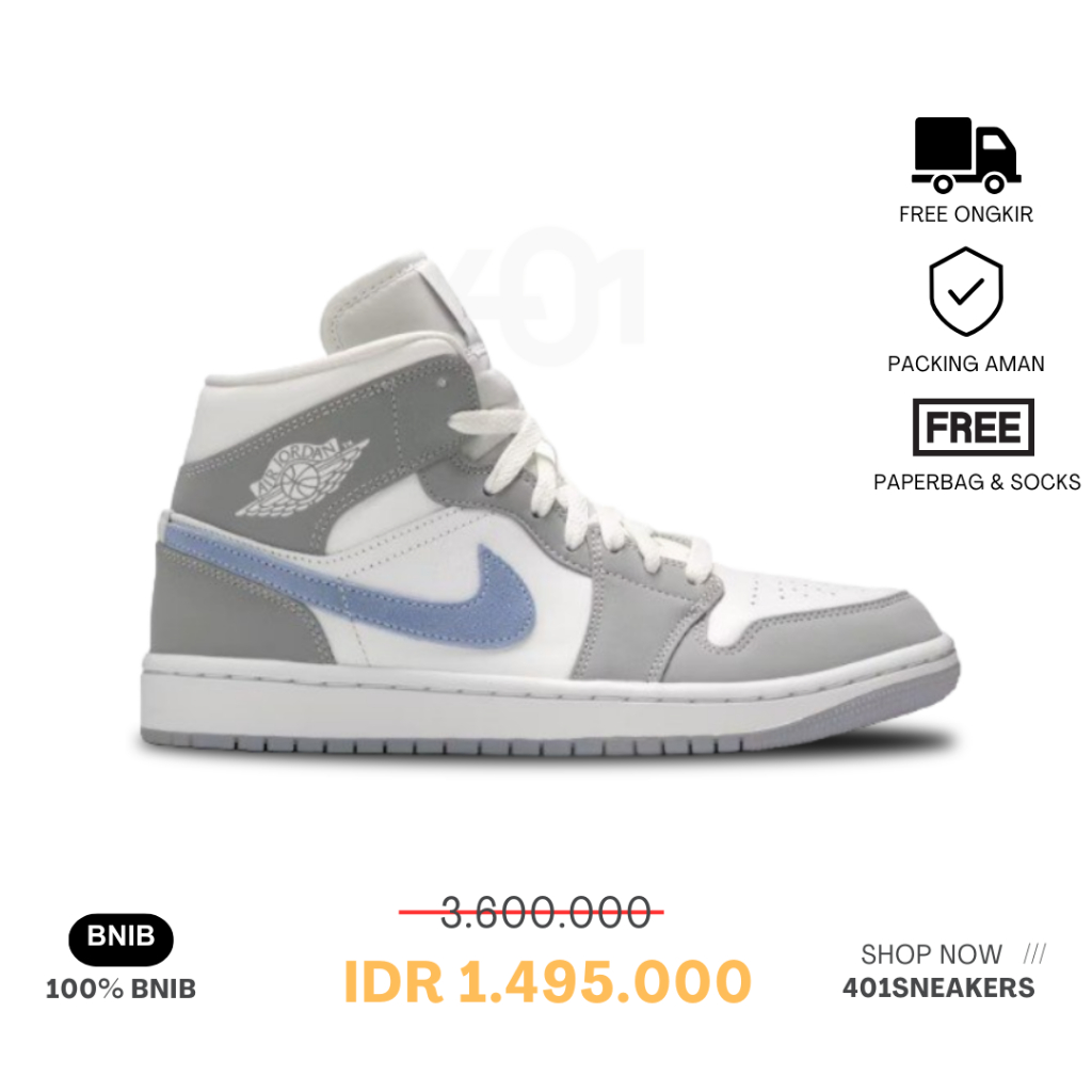 Sepatu  Air Jordan 1 Mid Wolf Grey Alumunium Authentic 100% BNIB