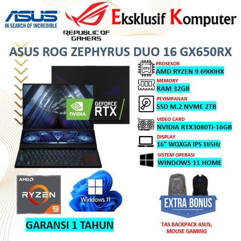 Laptop Gaming Asus ROG Zephyrus Duo 16 GX650RX RTX3080Ti-16GB RAM 32GB SSD 2TB WQXGA 165Hz Windows 1