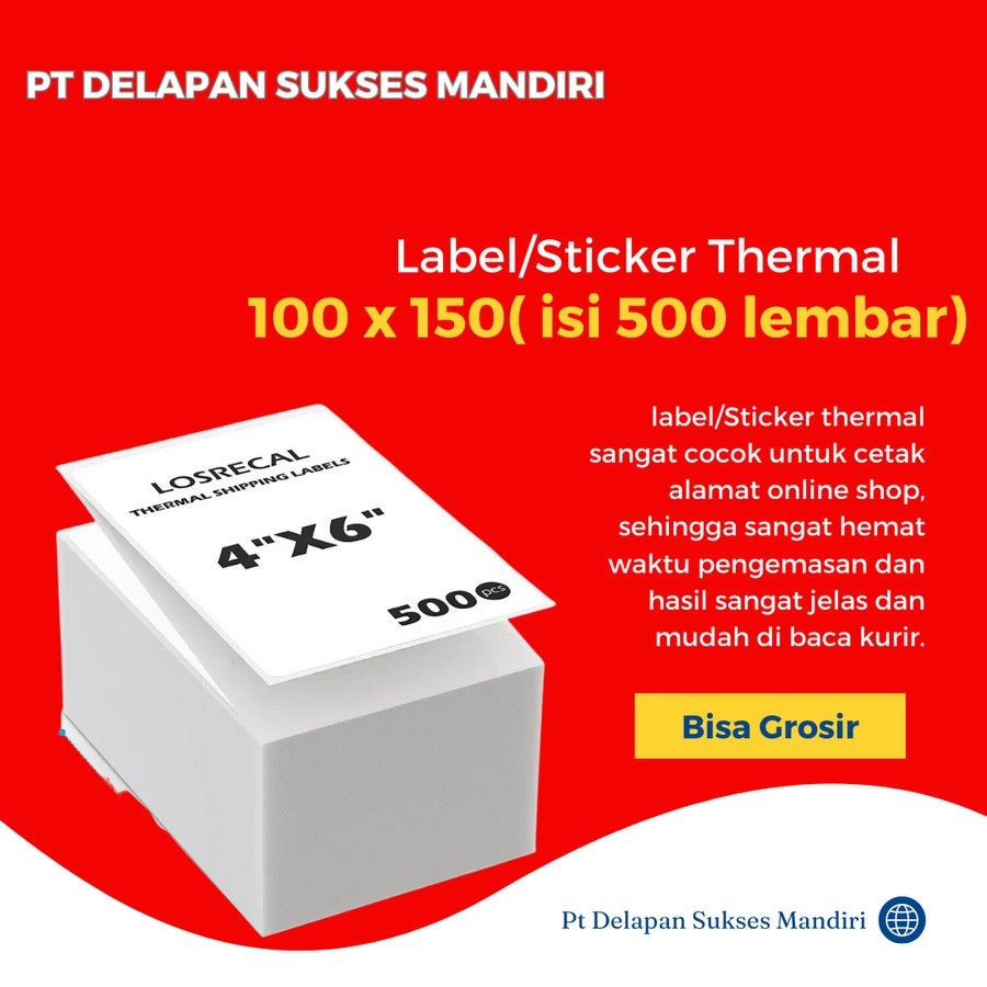 

STICKER KERTAS THERMAL LABEL 100X150 MM A6 500 LEMBAR (LIPAT)