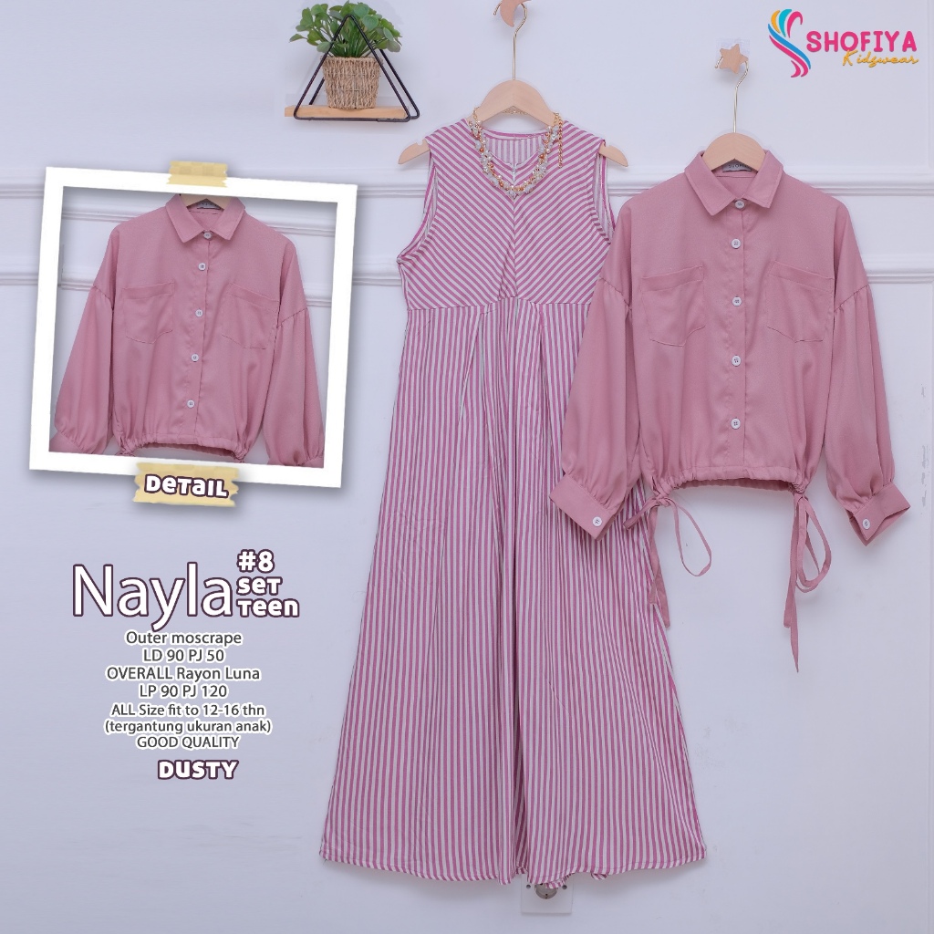 nayla8 gamis dress dres baju pakaian busana overall rayon motif garis setelan set 2in1 outer moscrep