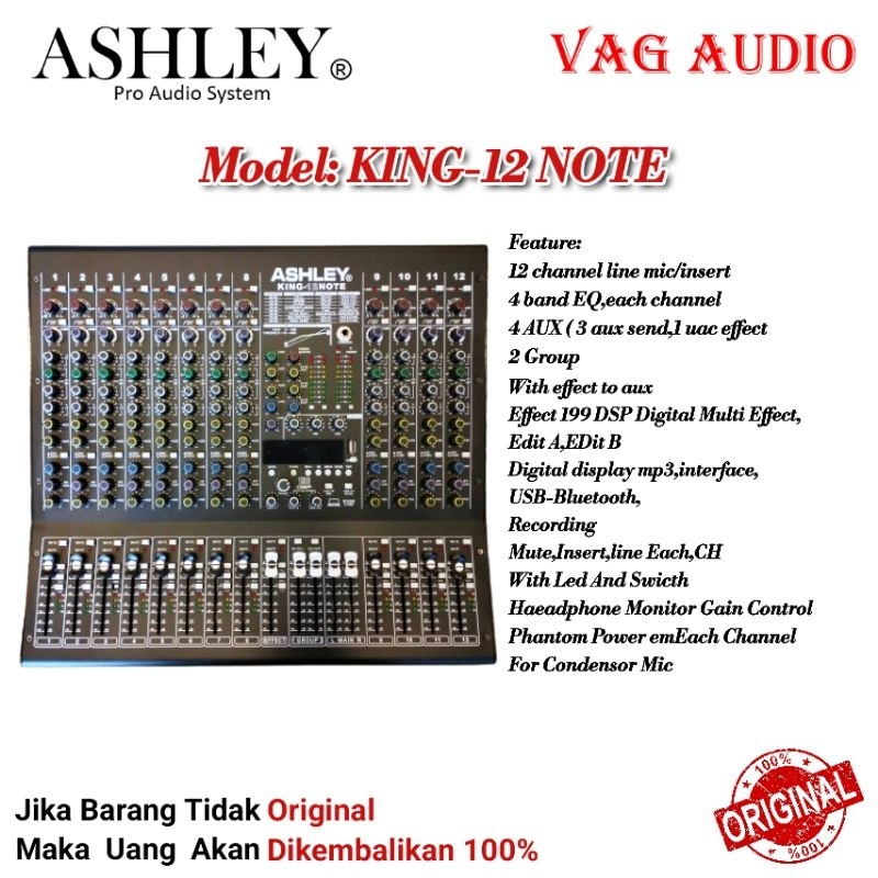 MIXER AUDIO ASHLEY KING-12 NOTE, 12 CHANNEL, ORIGINAL ASHLEY, GARANSI RESMI