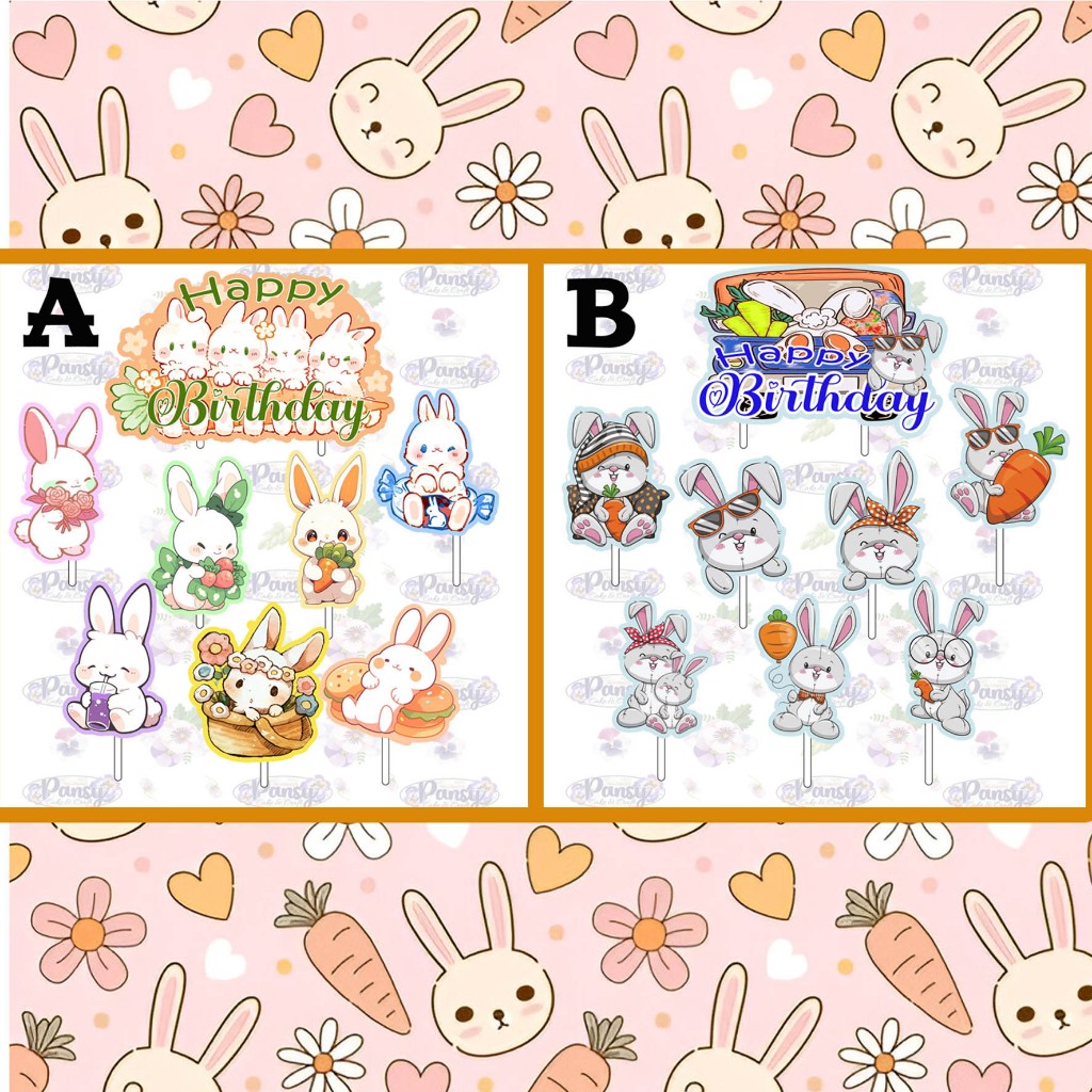 Cake topper / Cupcake topper Bunny / Rabbit / kelinci + Banner Birthday EKONOMIS