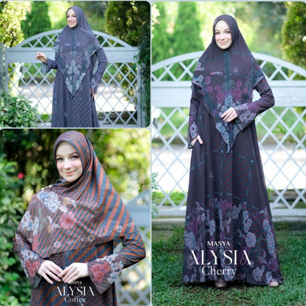 Set Gamis Dress Ceruty Babydoll Printing Premium Syari Branded Ungu - Coklat Tua Mewah Masya Syari O