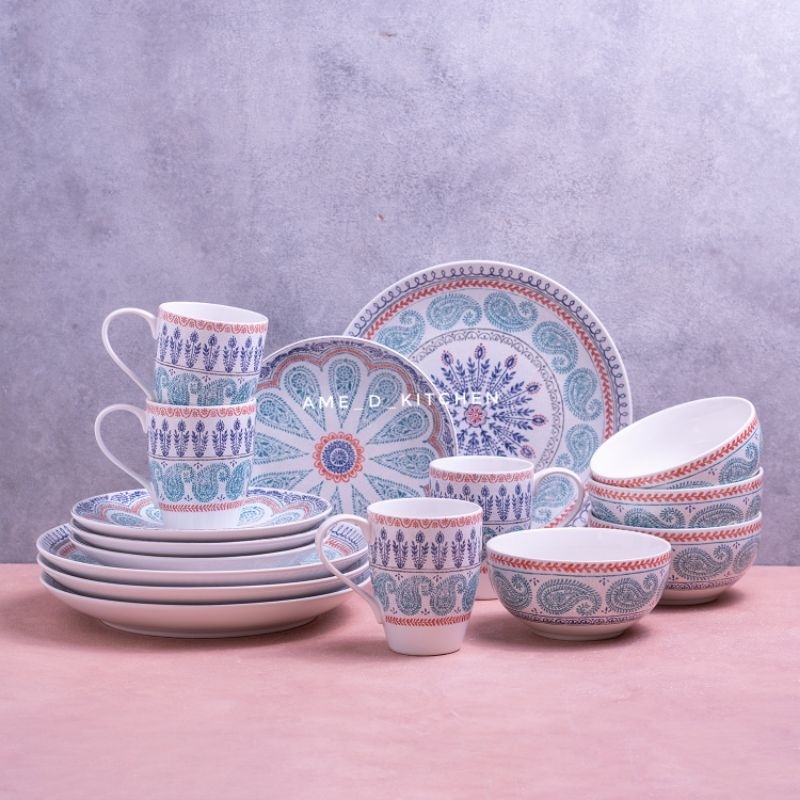New Ready stock dinner set sango 16 pcs bunga bohemian biru muda gabela