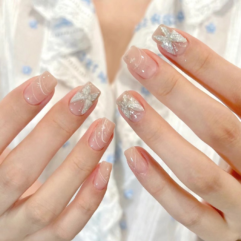 PSBS2069 - 24 Pcs Kuku Palsu Free Lem, Motif Pendek Simple, Wedding Nails Fake Nail Art 3d Kuku Pals