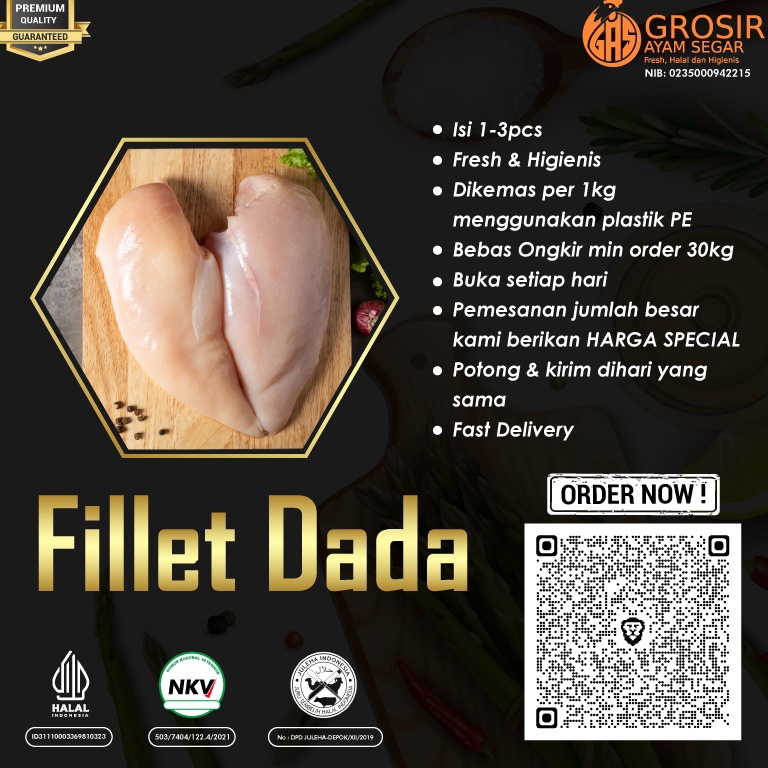 

DJP441 Daging Ayam Dada Fillet Boneless Tanpa Kulit 1Kg