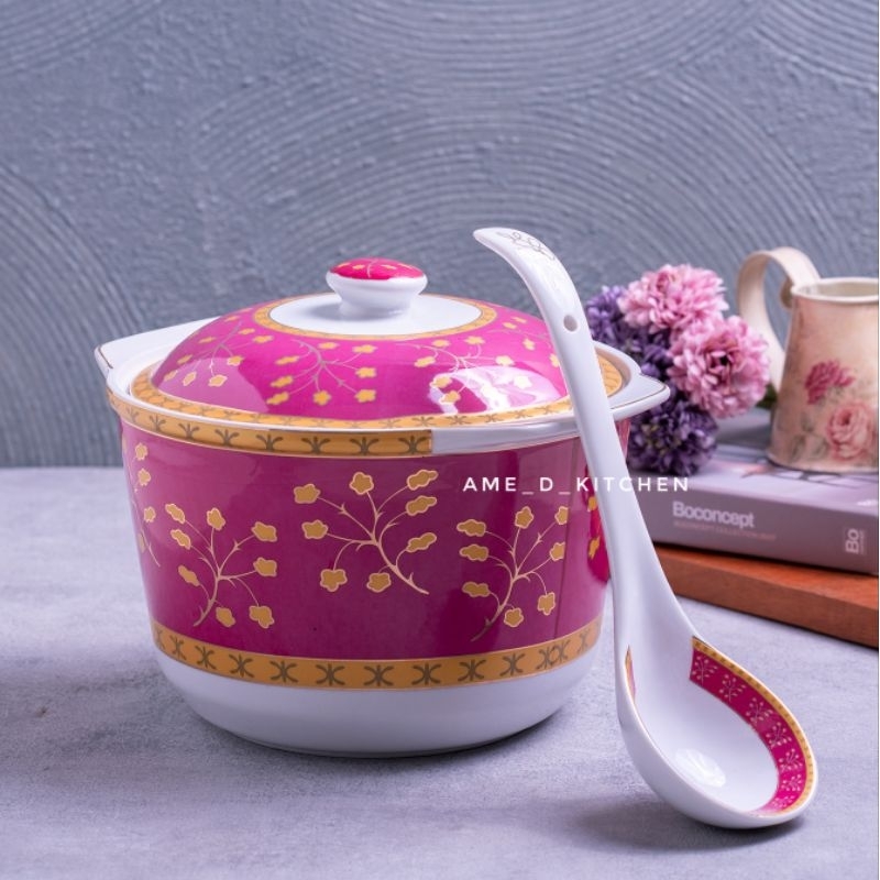 SALE Basi tutup / Mangkok sayur bunga pink gold + sendok keramik