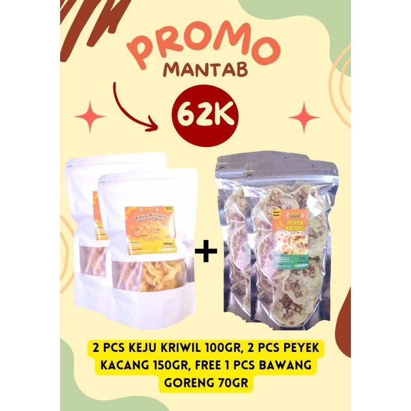 

PROMO MANTAB!! 2 PCS KEJU KRIWIL 100GR- 2 PCS PEYEK KACANG 150GR - FREE 1 PCS BAWANG GORENG 70GR