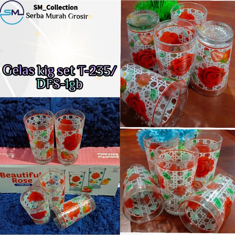 gelas minum/gelas kaca/gelas motif bunga/gelas kig set romantic flora