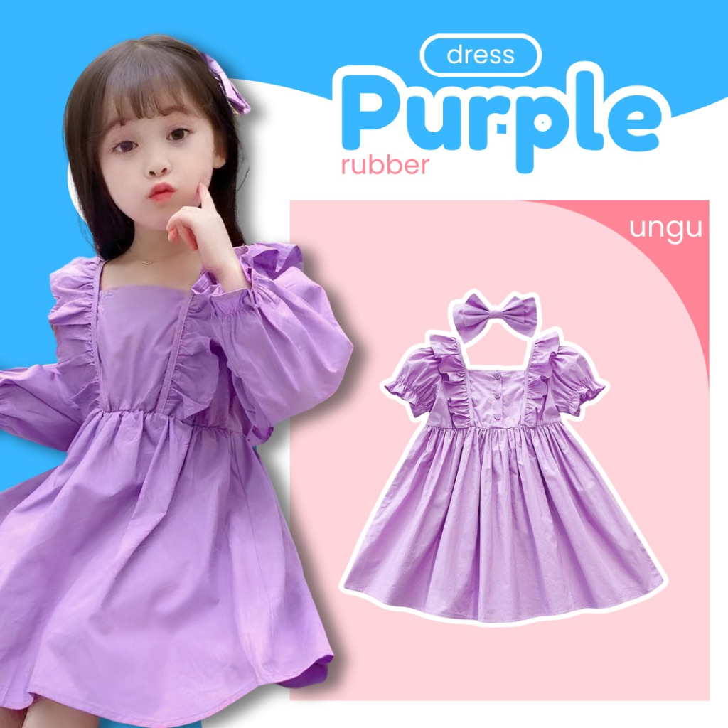 BABYKIDDOS 1-9 Tahun Dress Purple Pita Anak Prempuan Rubber Korean Fashion Baju Bayi Rok Pesta Kids Bahan Katun Warna Ungu