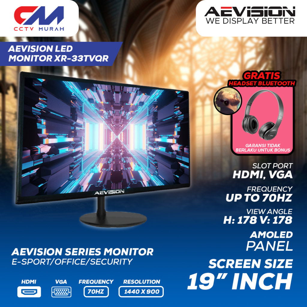 Monitor LCD Office 19 Inch Aevision Amoled Panel Resolusi Full HD, Refresh Rate 60Hz