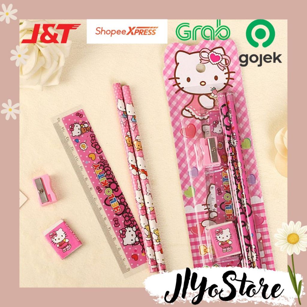 

Set Alat Tulis Pensil Kayu Rautan Penghapus Penggaris 5 in 1 Peralatan ATK Sekolah Aesthetic Kado