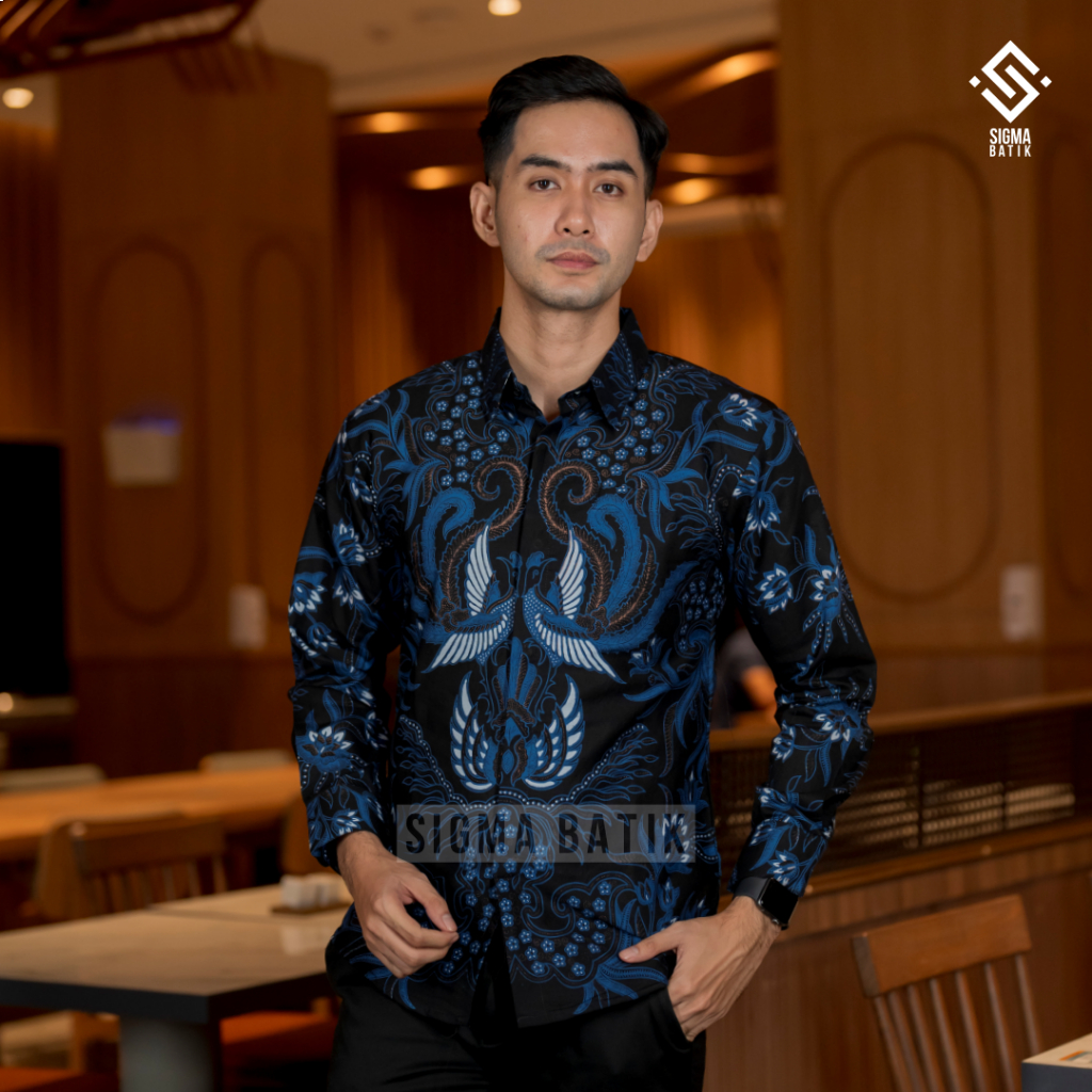 HELIOS Kemeja Batik Pria Lengan Panjang Biru Hitam Lapis Furing