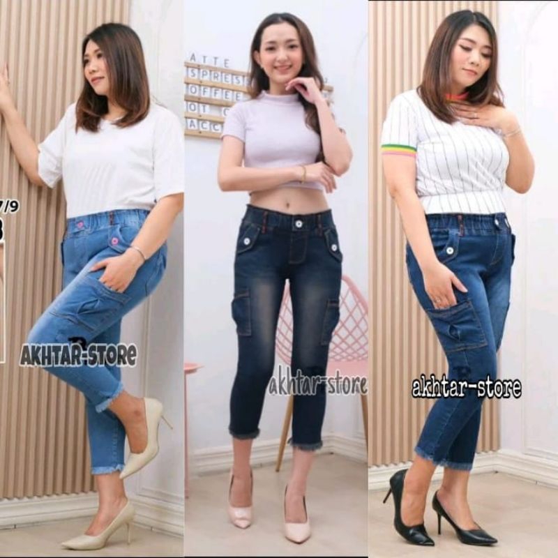 DISKON 28-38 NEW VANIA JEANS CARGO 7/9 PINGGANG KARET VARIASI KANCING BAWAH RAWIS JEANS CARGO CEWEK