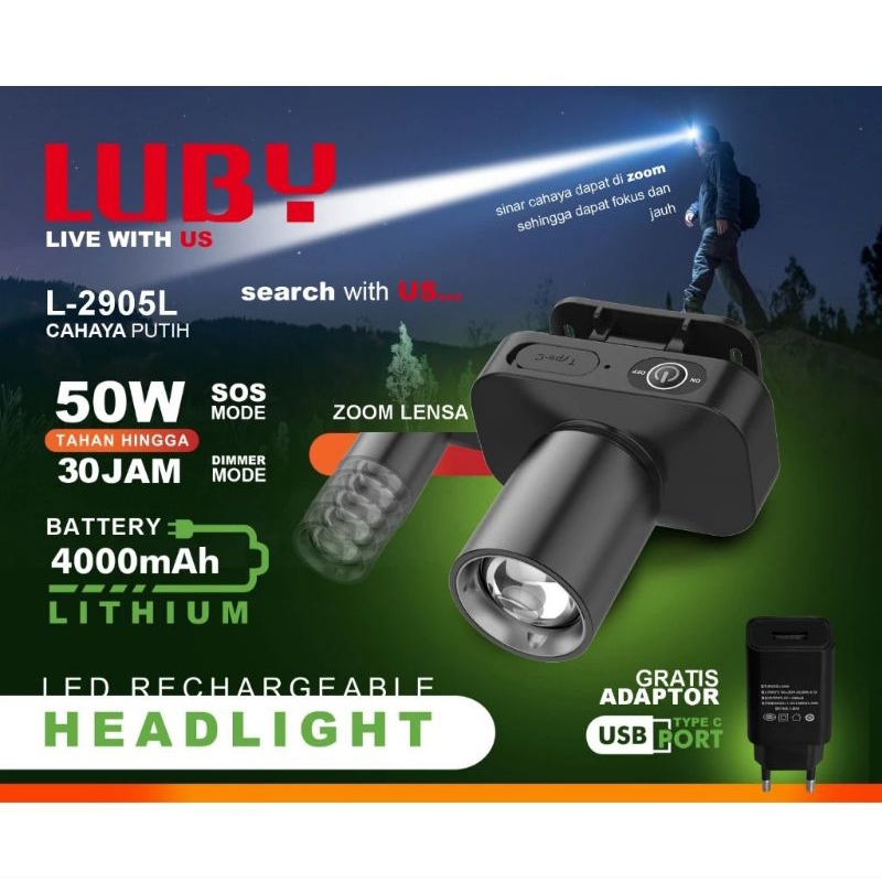 Senter Kepala Luby 50W Zoom L2905L / Senter Kepala Zoom 50Watt Luby L-2905