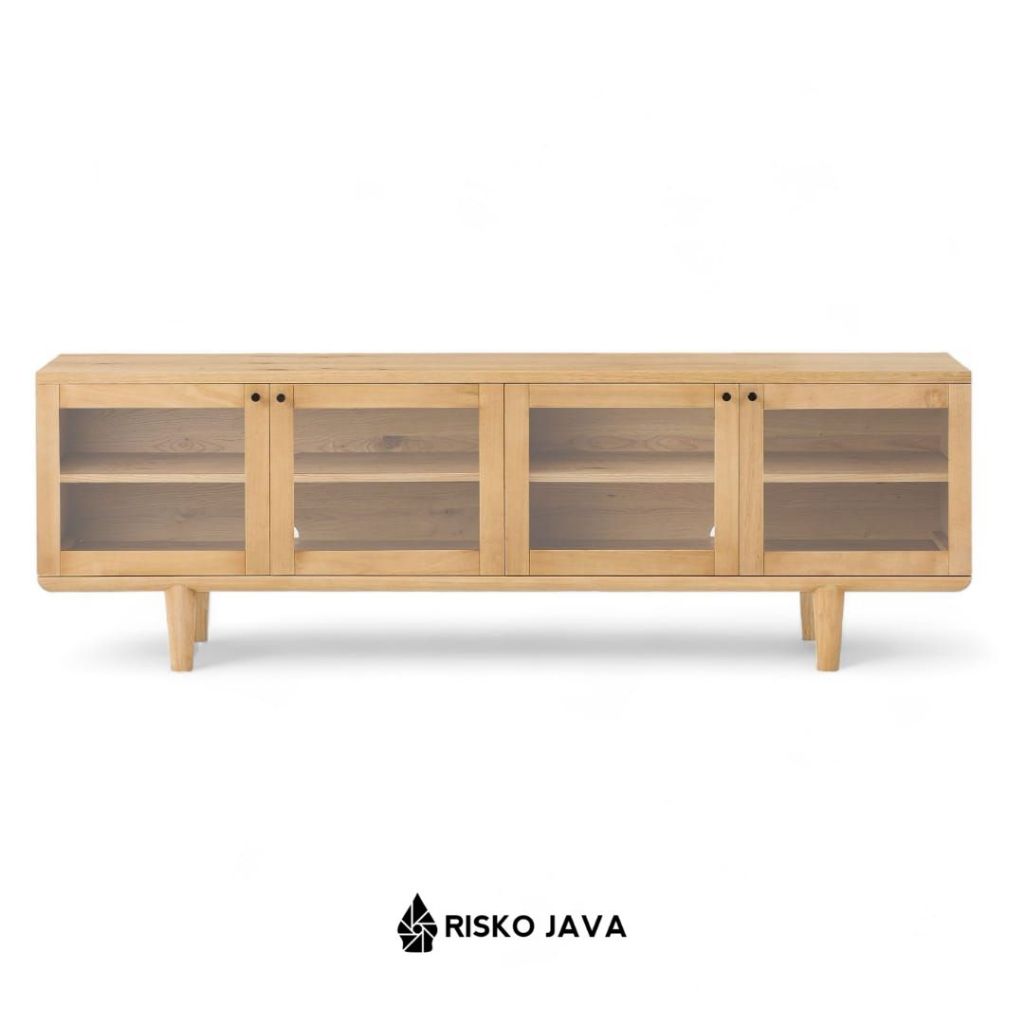 Meja Tv Minimalis Retro / Rak Tv Kayu Jati Pintu kaca / Kabinet Tv Laci Penyimpanan | KAMADA