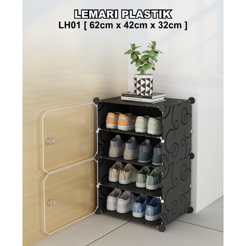 Terlaris Rak Plastik 4 Susun 2 Pintu Rak Portable Bongkar Pasang Pintu Transparan Susun Rak