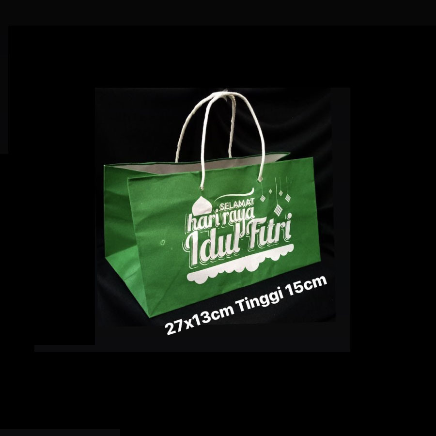 

(10 pcs) goodie bag lebaran idul fitri ukuran 27x13x15cm paperbag kemasan toples kue kering 250gr isi 4 hantaran eid mubarak ukuran
