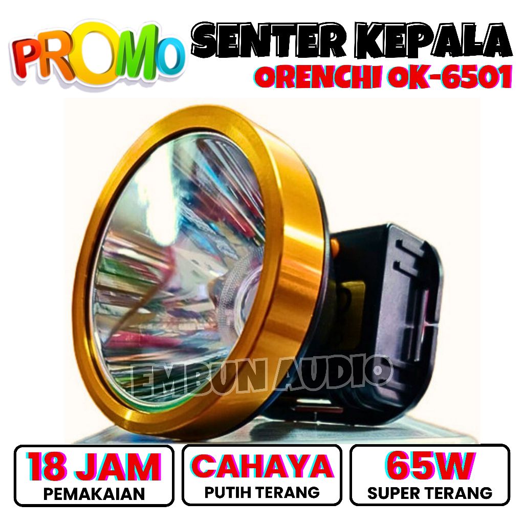 ORENCHI Senter Kepala Hiking 65Watt Cahaya Putih OK-6501 Senter Cas Ulang Tahan Air Hujan