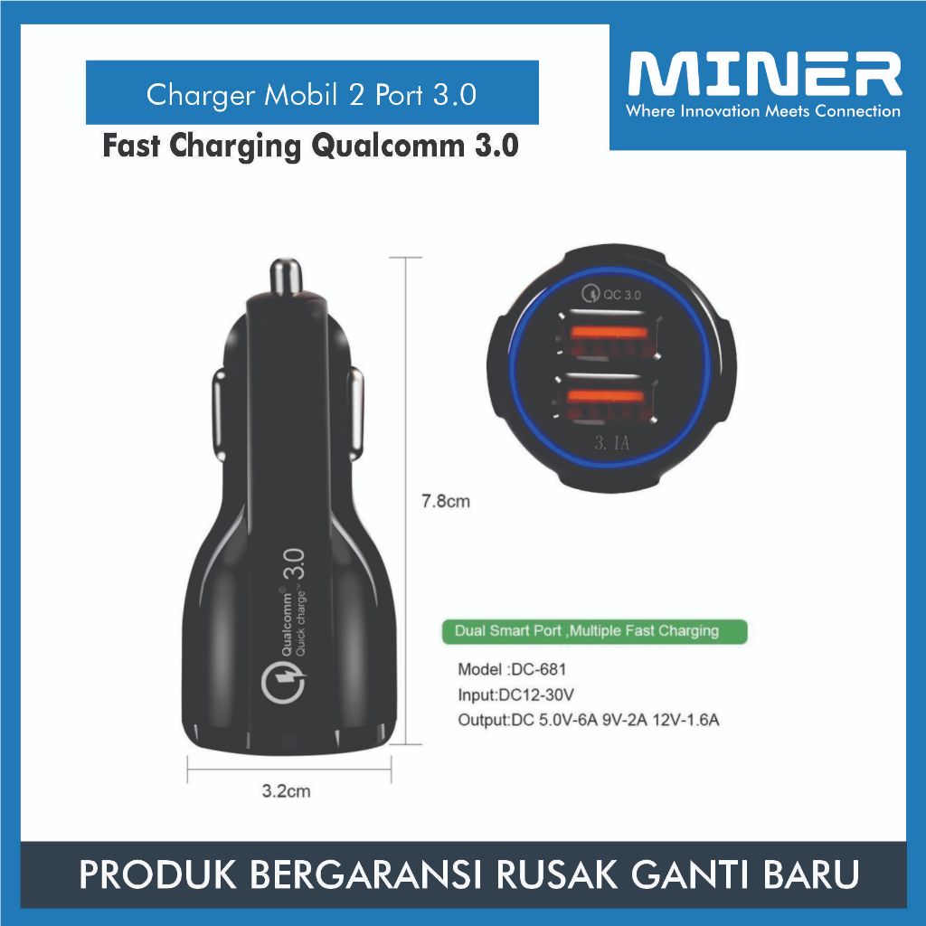 MINER Charger Mobil 2 Port USB 3.0 Fast Charging Qualcomm 3.0