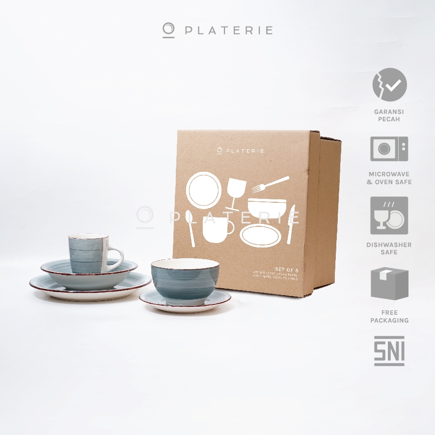 PLATERIE Piring Set Keramik Estetik 5 pcs Gelas Mug + Piring Makan & Saji Warna Cream / Blue