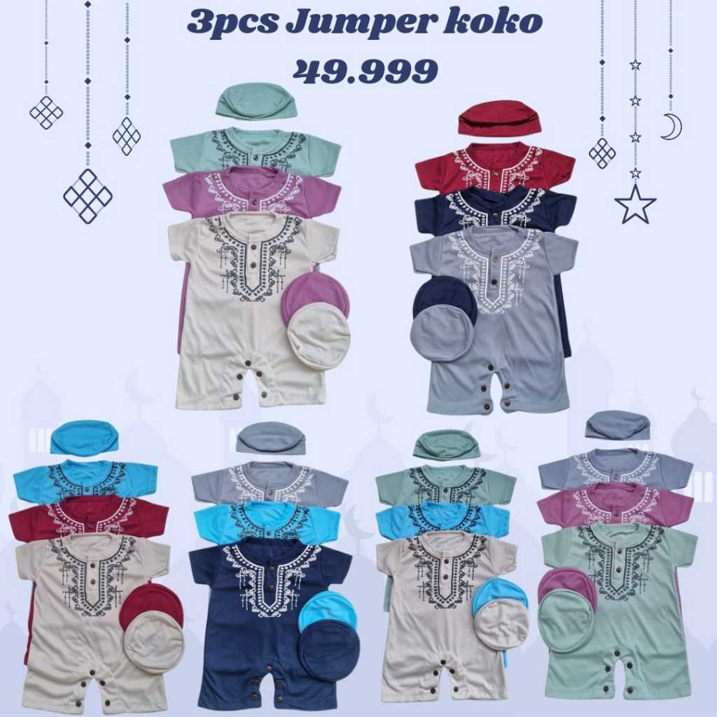 3Pcs jumper koko bayi newborn 0-12 bulan baju koko bayi set peci setelan baju muslim bayi cowok