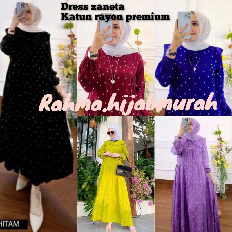 Dress zaneta polka//busui resleting//gamis rayon premium//kerah rempel