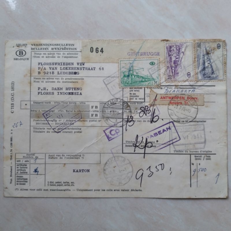 Koleksi Kuno Jadul 1976 Arsip Pengiriman Paket Barang Belgia-Indonesia - YN1213