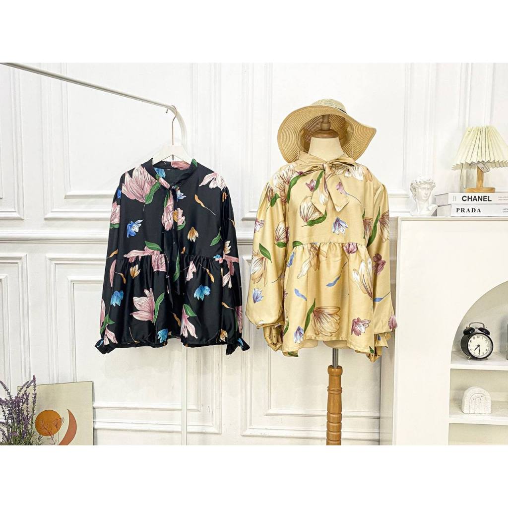 Ayumi blouse Korea/atasan wanita silk premium/blouse Korea lengan panjang motif