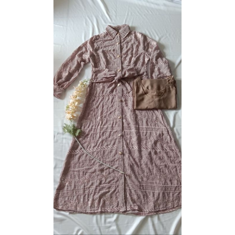 gamis bordir pita dusty purple