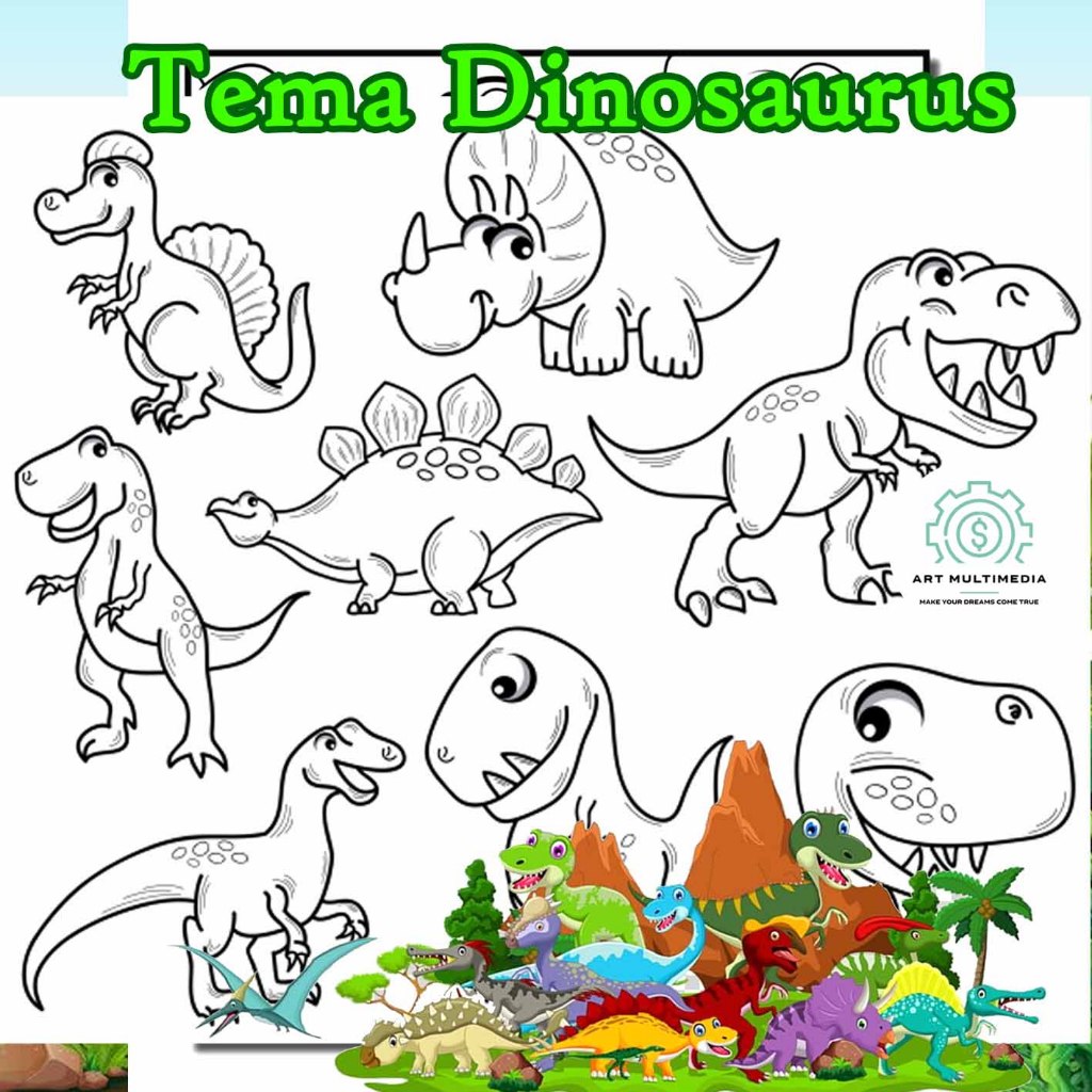 Gambar Tema Karakter Dinosaurus / Ukuran A4 / Kertas Mewarnai Anak / Kertas Gambar Sketsa /Kertas Me