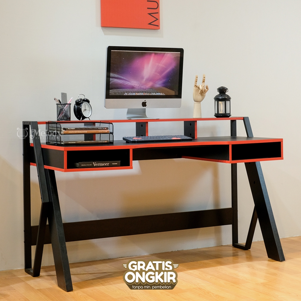 Melody Furniture - Meja Gaming Meja Belajar Aguru Gaming Desk Carbon Hitam Kaki Besi - BLPP