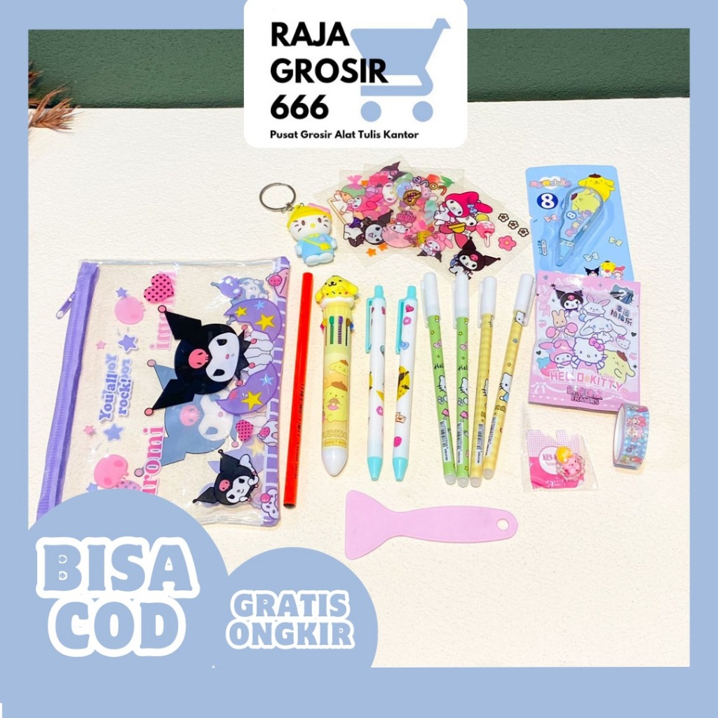

set alat tulis POUCH VIRAL SANRIO lengkap kotak pensil stiker washitape gantungan kunci cincin penghapus correction tape perata pulpen cetek pensil COD