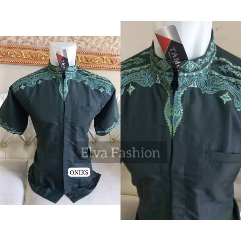 Baju Koko Takwa Pria Tamer Lengan Pendek Bordir Katun Premium Oniks
