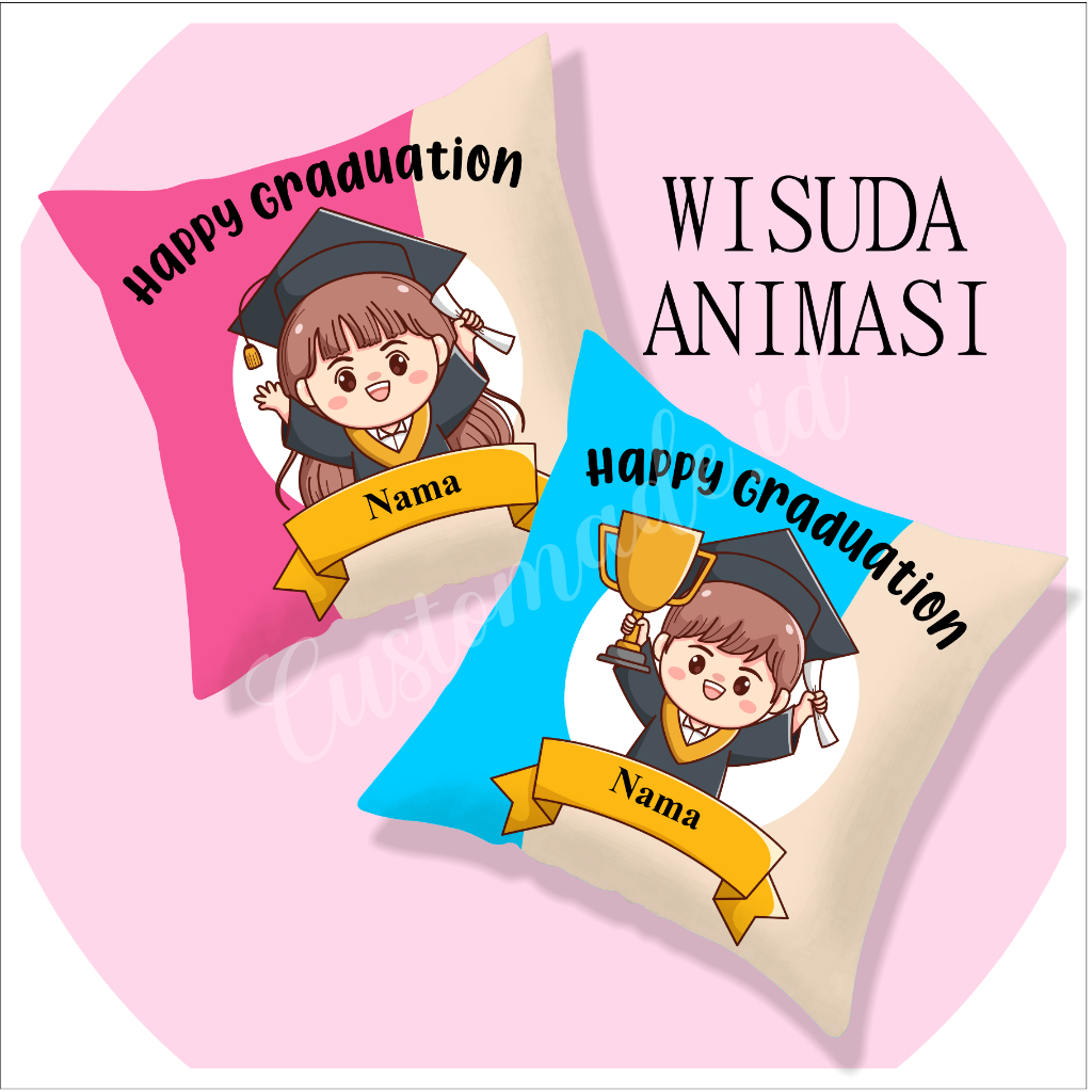 Bantal Wisuda Animasi 40x40cm - Bantal Custom - Kado Wisuda - Graduation Cowok - Happy Graduation -B