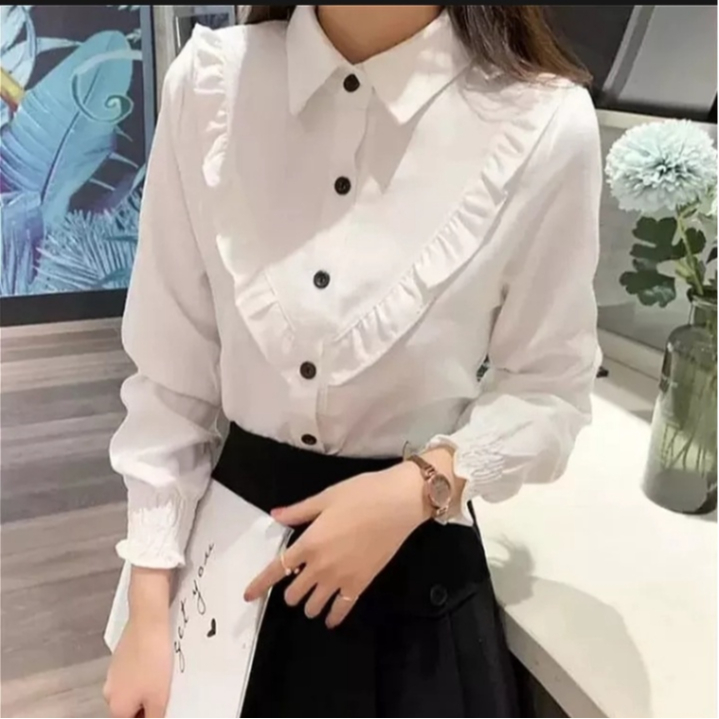 baju bluse putih kemeja wanita model rempel kekinian
