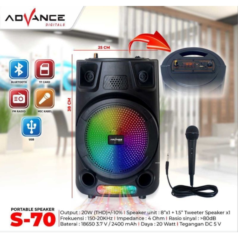 Speaker Portable Advance S-70 8 inch Free Mic/Speaker Advance S70 ORI