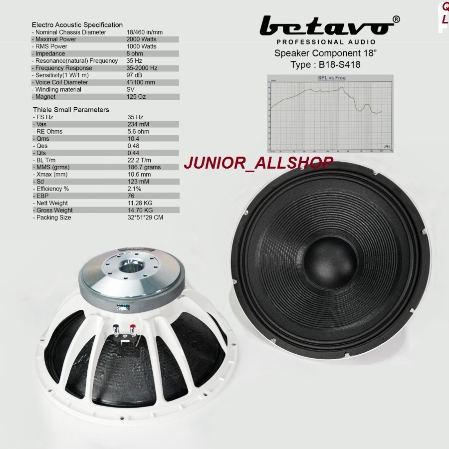 SPEAKER KOMPONEN BETAVO B18 S418 ORIGINAL 18 INCH/COIL 4 IN/2000 WATT