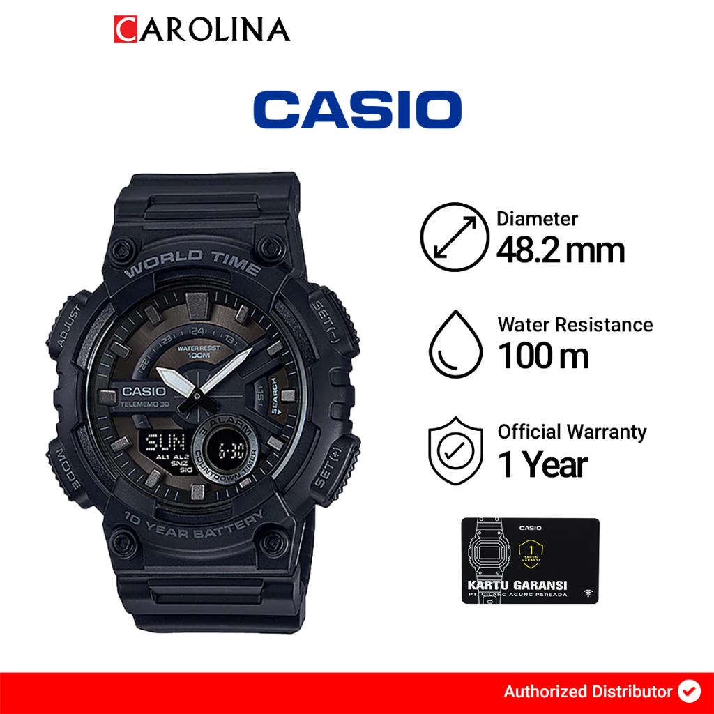 Jam Tangan Pria Casio General AEQ-110W-1B Digital Analog Dial Black Resin Band