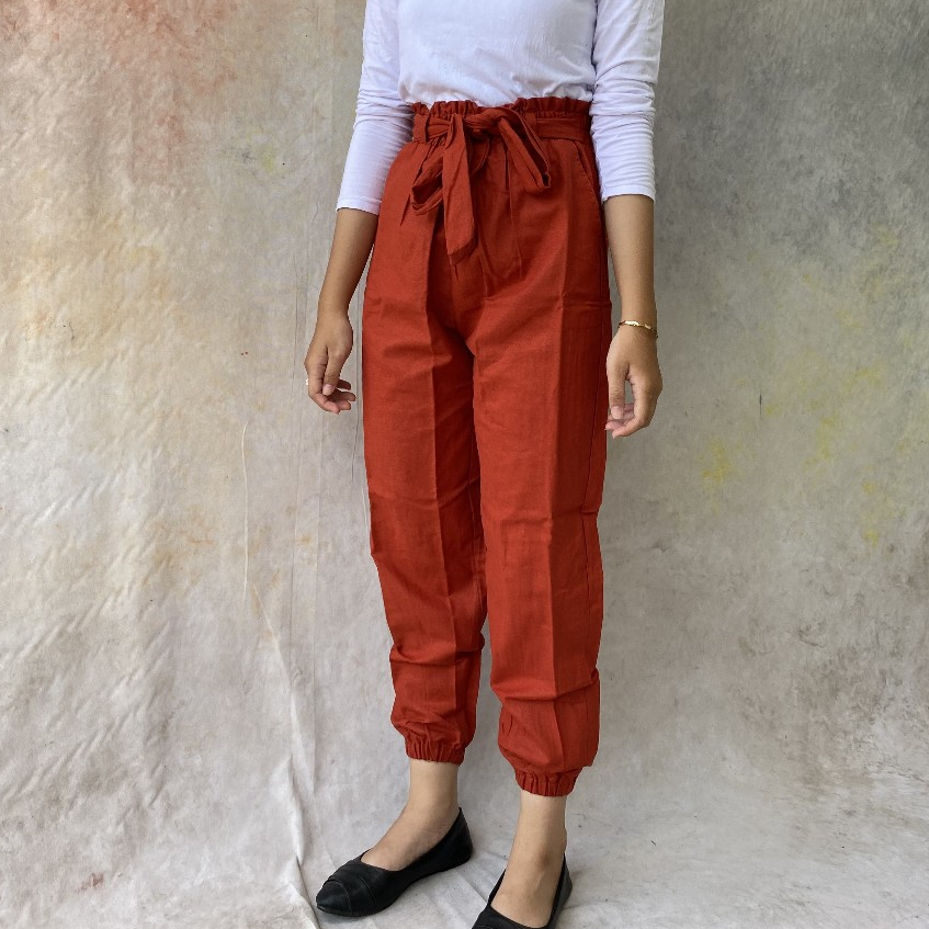 Naya Pants Celana Joger Linen Wanita Pinggan Elastis Size M L XL XXL Jumbo Tali Variasi Saku Samping