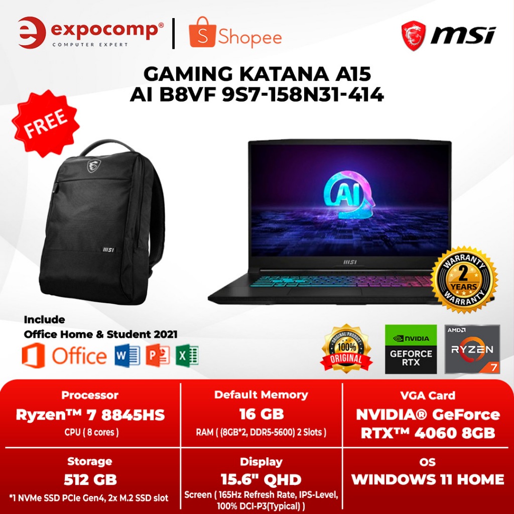 MSI GAMING KATANA A15 AI B8VF 9S7-158N31-414 AMD R7-8845HS RTX4060 WIN