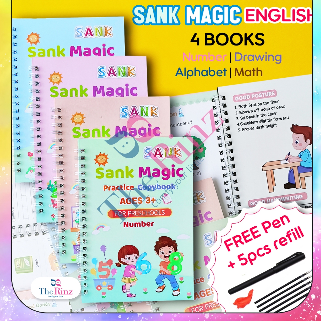 

4pcs Sank Magic Book Buku Belajar menulis Anak Buku Angka Huruf Buku Edukasi Anak TK SD PAUD
