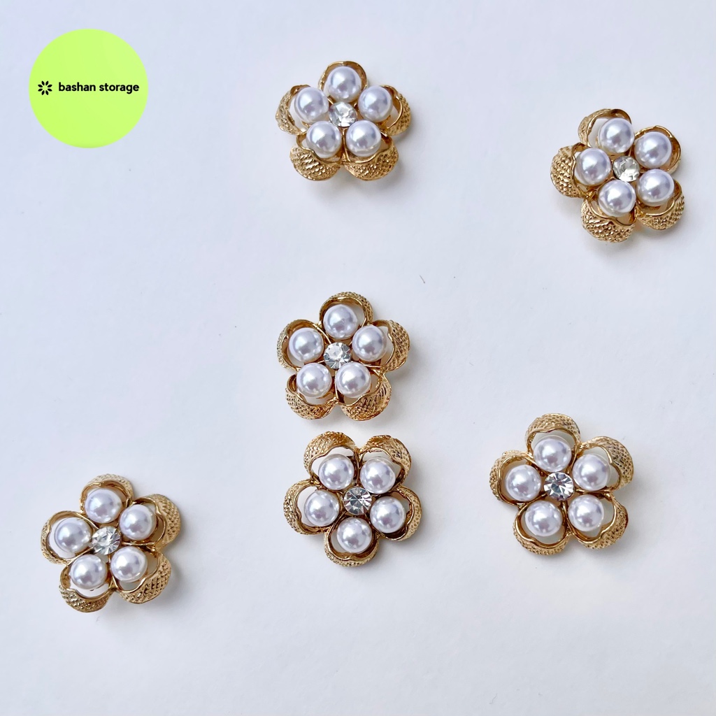 BLOOM - kancing zircon korea cantik 2,2cm mutiara jepang mewah, logam gold emas, kancing bunga, kanc