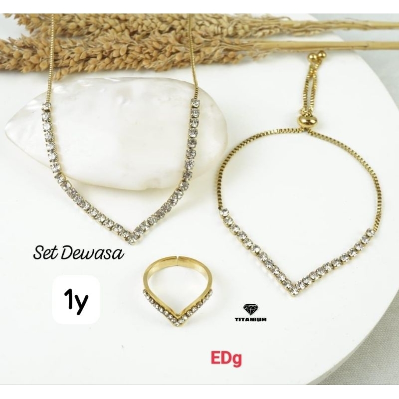RinaXp- Set Perhiasan Aurel Full Permata Zircon Kalung , Gelang Serut, dan Cincin Aurel Titanium Ant