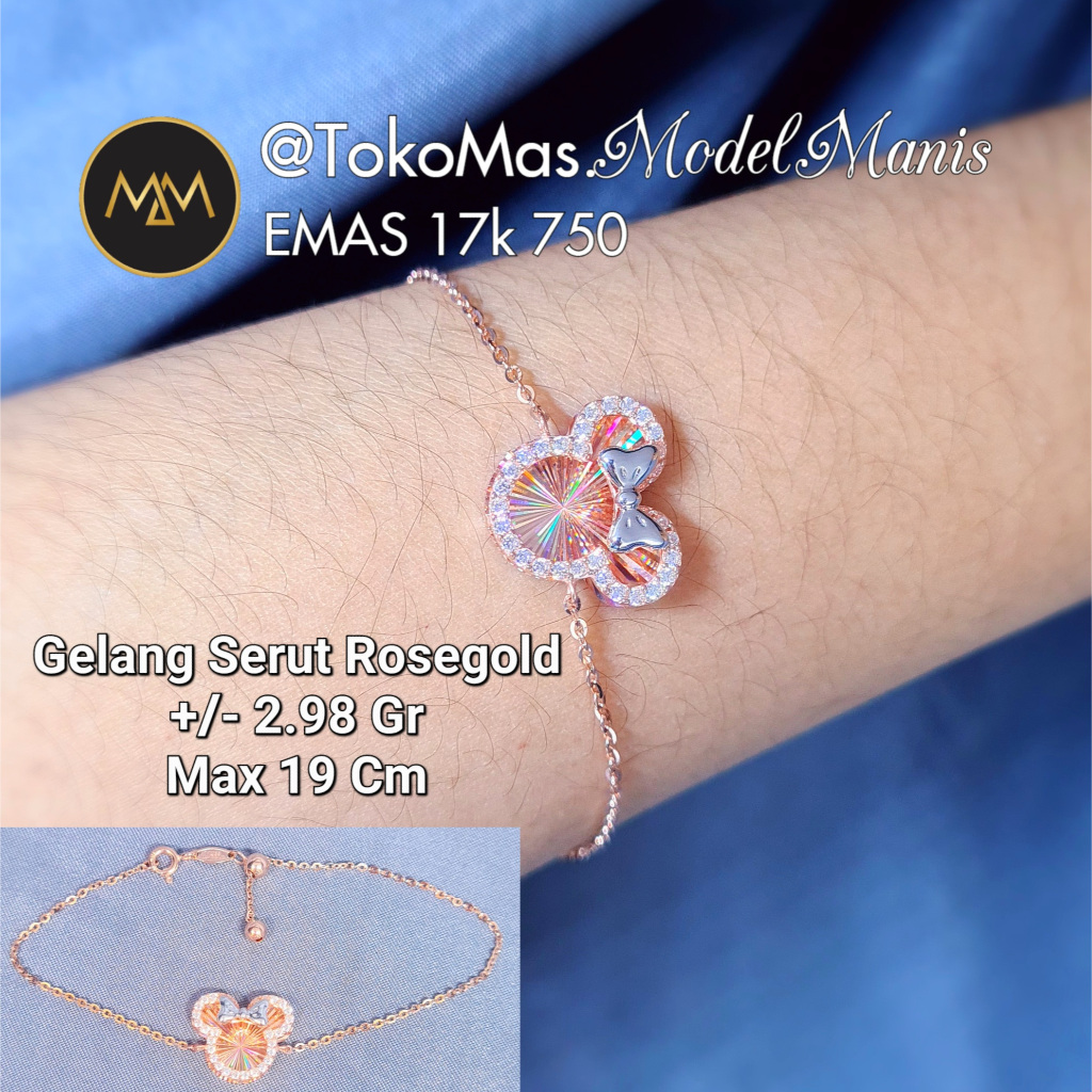 Gelang Minnie Hologram Tipe Serut Emas Putih Rosegold 750 kadar 17k